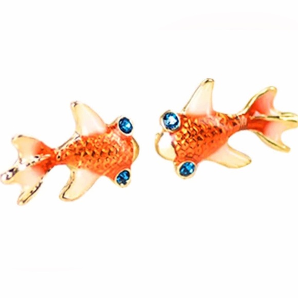 “Goldfish” Orange Scaly Blue-Eyed Rhinestone Fish Ocean Dainty Mini Cutesy Studs - Picture 9 of 10